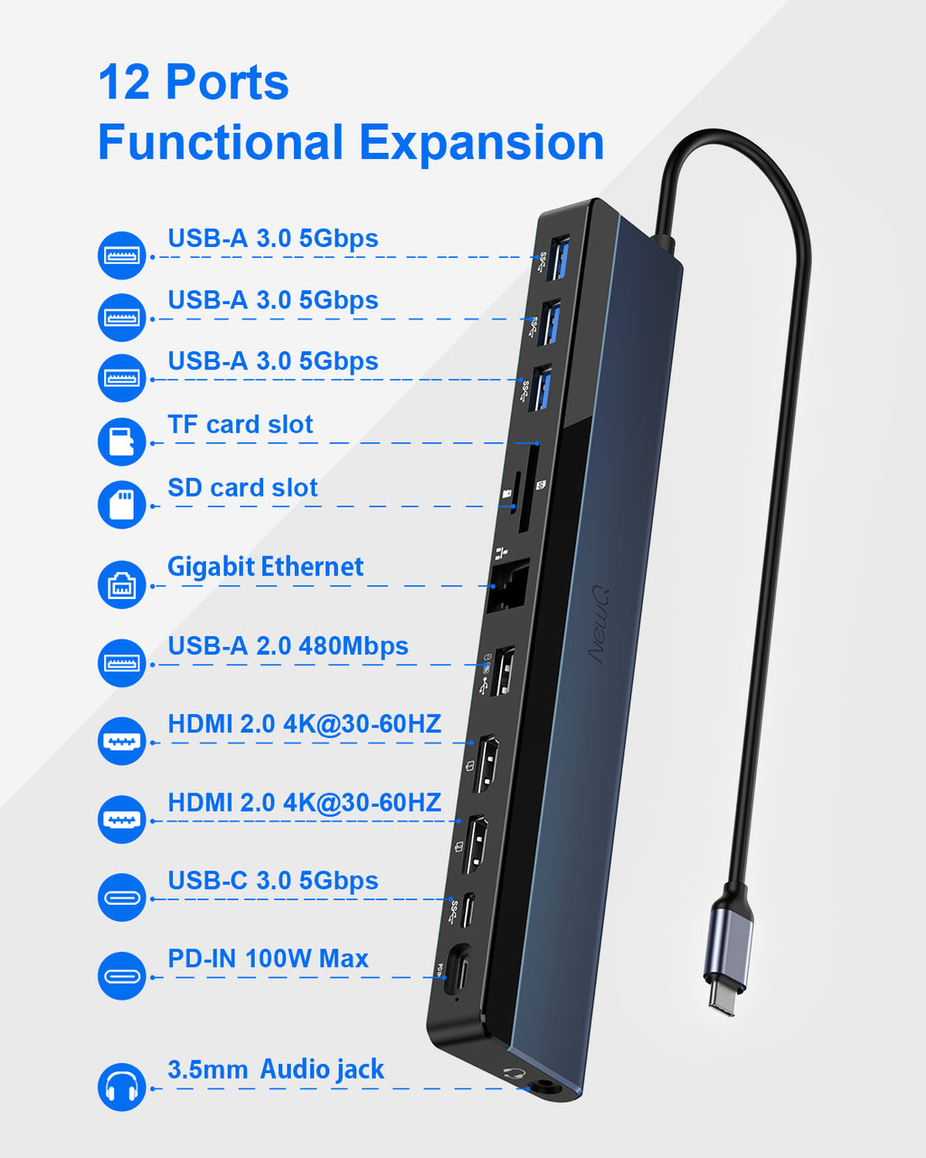 12-in-1 USB C Docking Station Dual Monitor, Midnight Blue