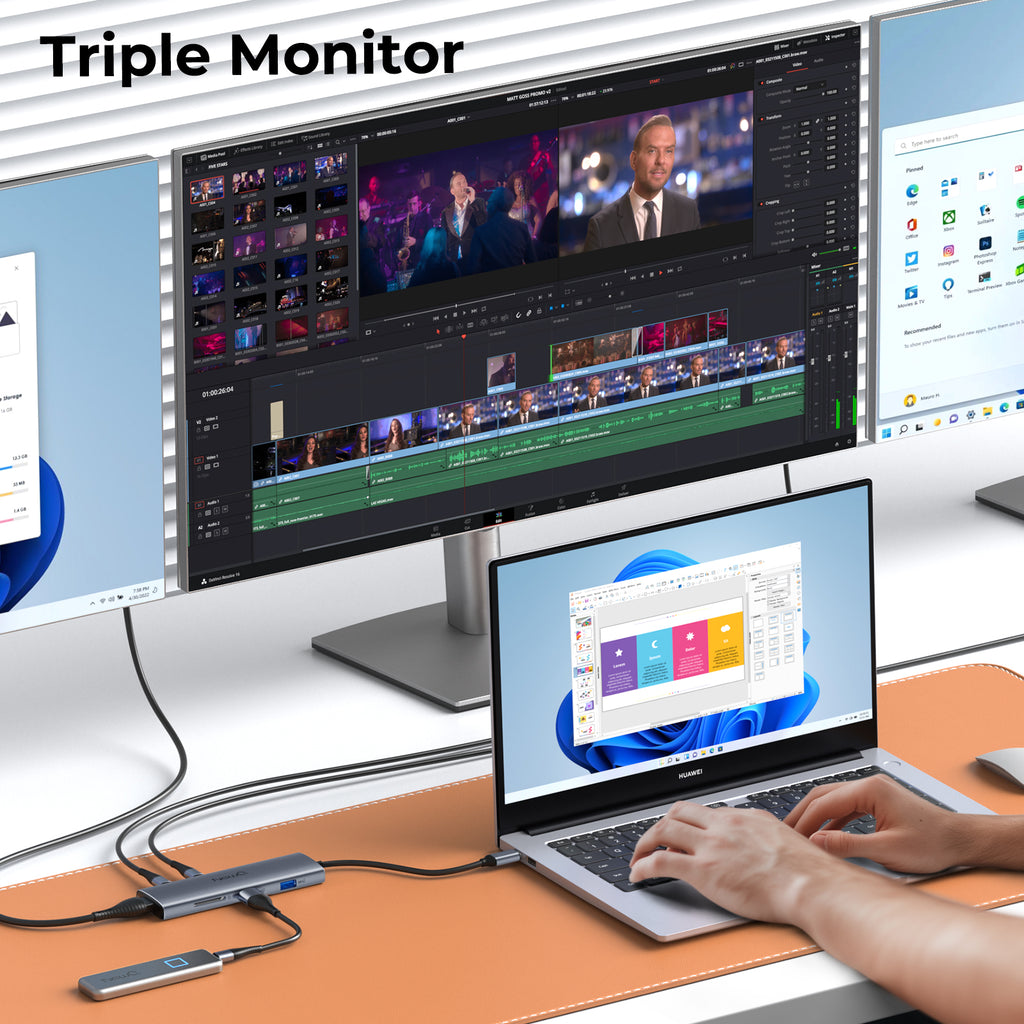 USB C Video Hub 8-in-1 Triple Monitor for USB-C PD Monitor & Portable ...