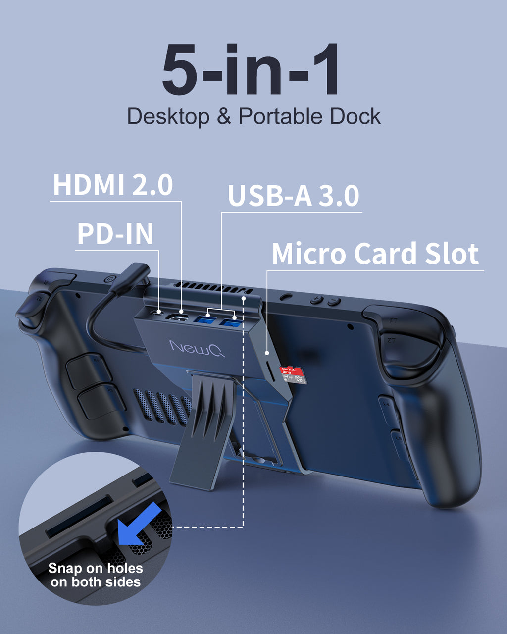 Portable 5-in-1 USB C Steam Deck Dock with TF Card Slot,HDMI 2.0 4K@60Hz Display, 2*USB-A 3.0, USB-C PD 100W Max